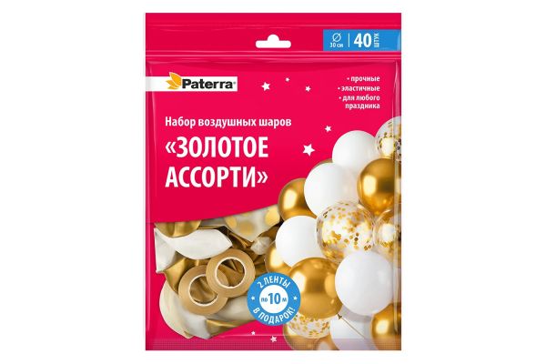Воздушные шaрики ЗОЛОТОЕ АССОРТИ 40шт PATERRA (491-101)