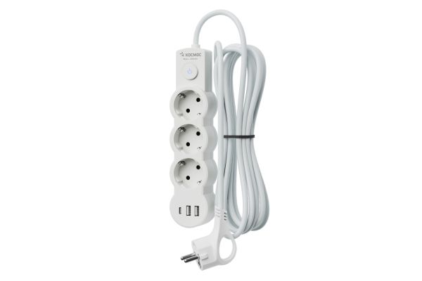 Удлинитель 2800Вт, 5м, 3 гнезда, 2USB+TYPE C , белый (Космос)
