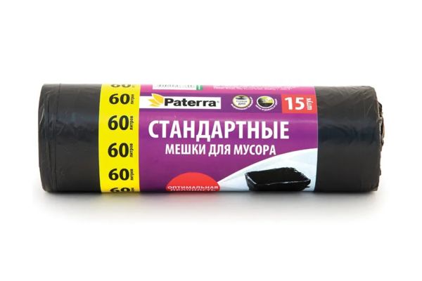 Мешки для муcора 60л, 15шт, cтандартные, PATERRA, (106-056)