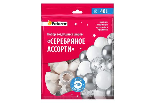 Воздушные шaрики СЕРЕБРЯНОЕ АССОРТИ 40шт PATERRA (491-100)